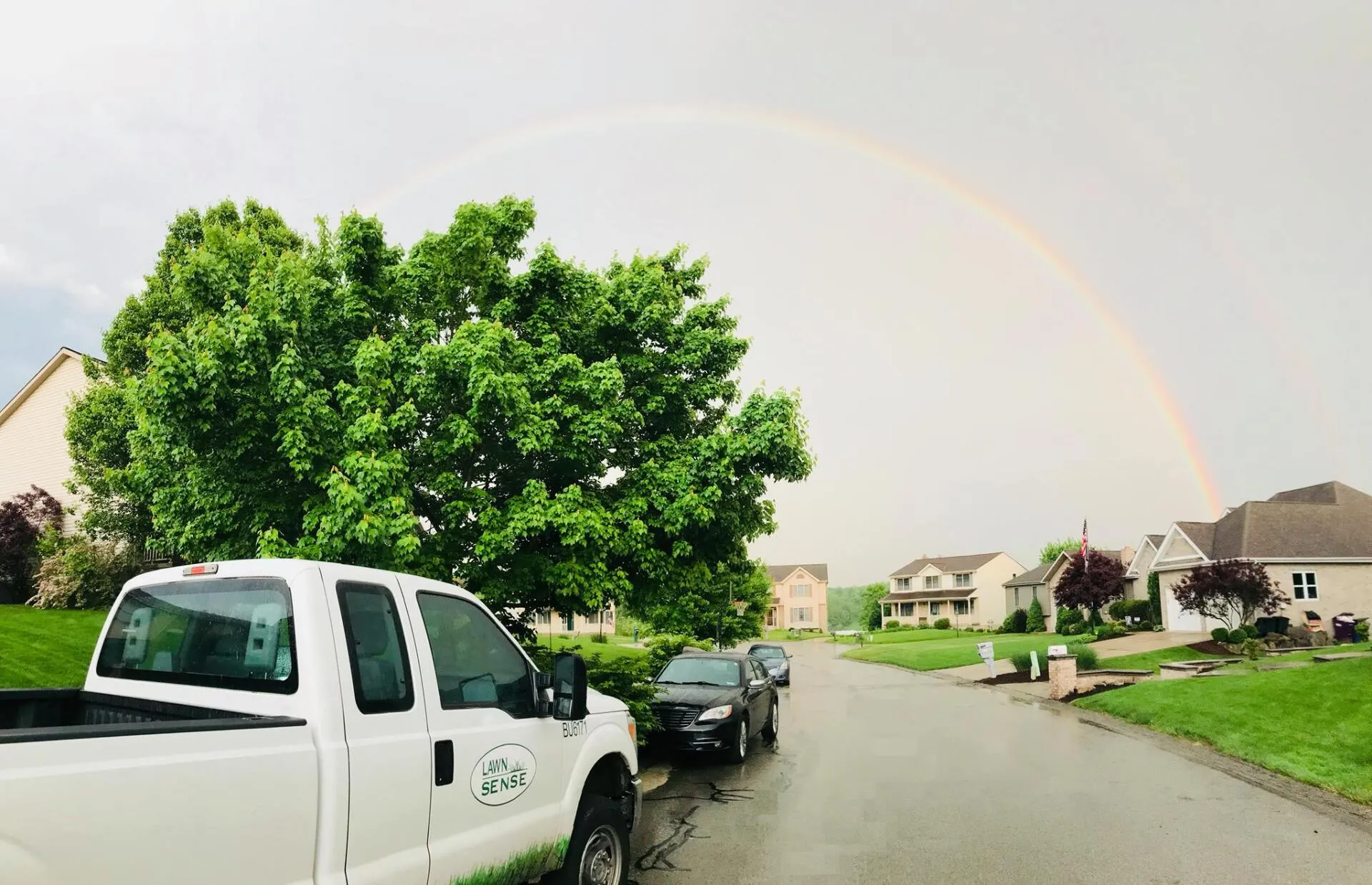 lawn sense truck and a rainbow